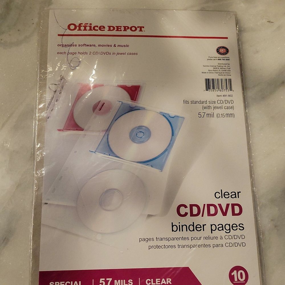 Office‎ Depot Clear CD/DVD Binder Page 10 Count 5.7 mils Thick New In Package